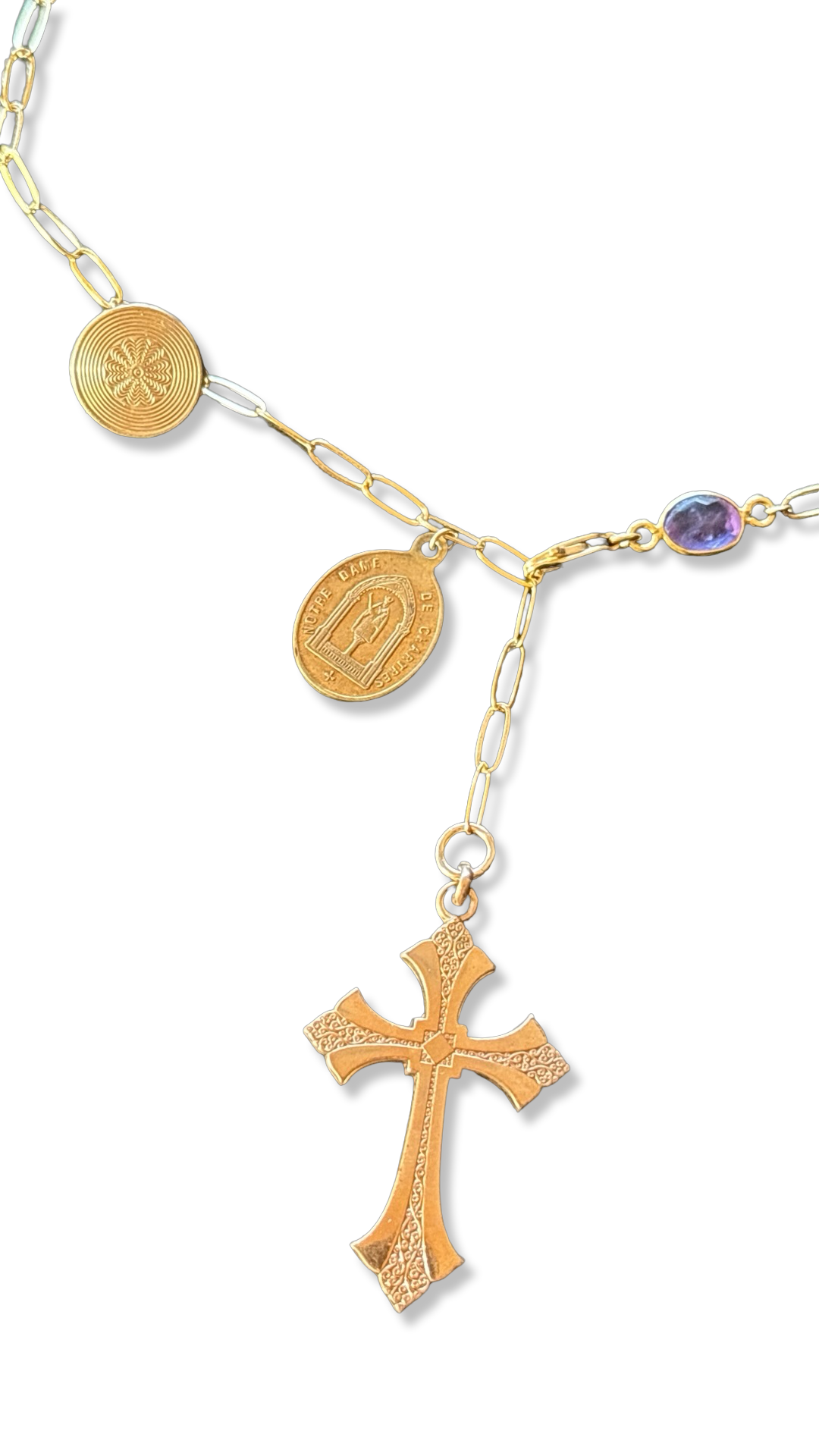 Collier lasso Croix ancienne, médailles et améthyste