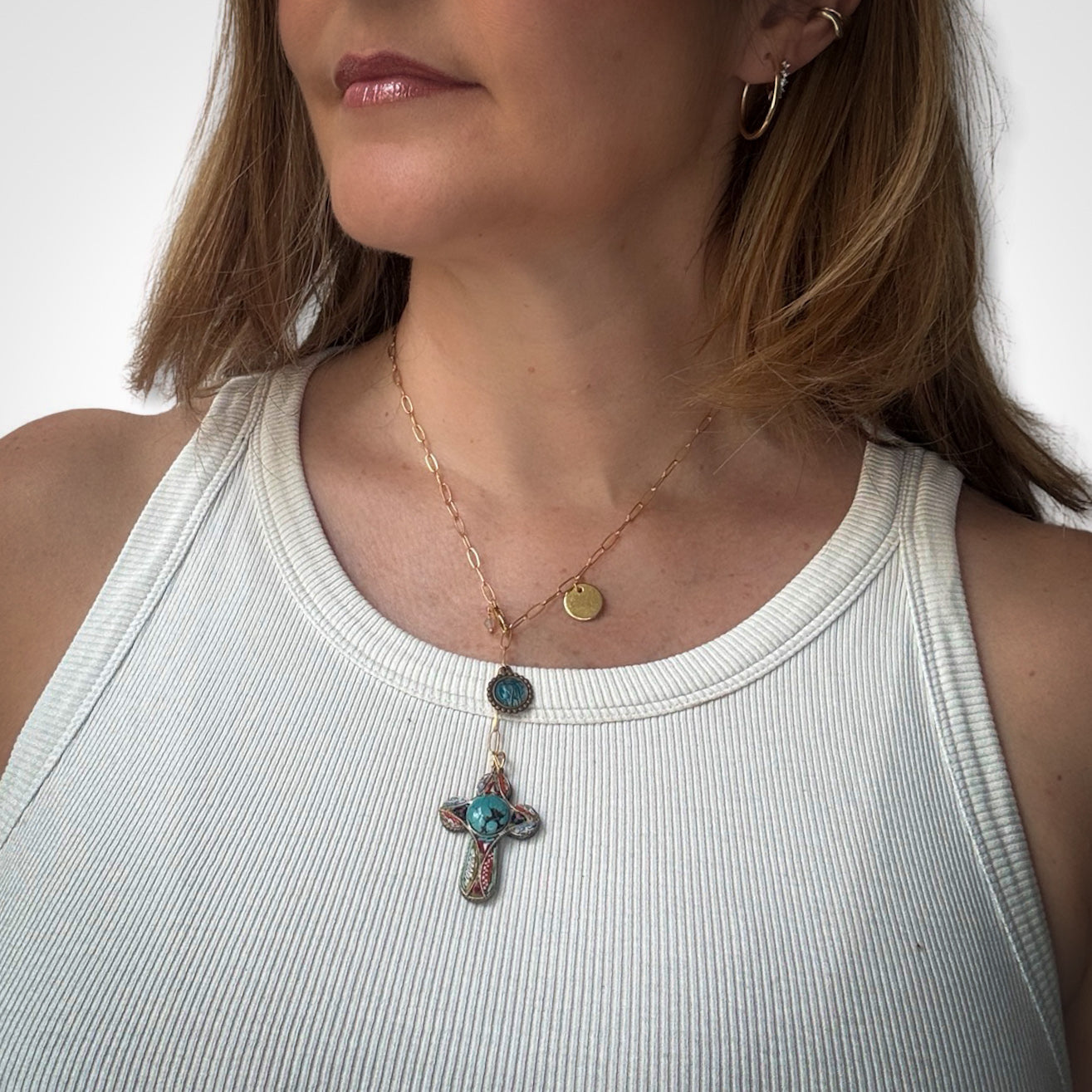 Collier lasso et croix italienne et turquoise