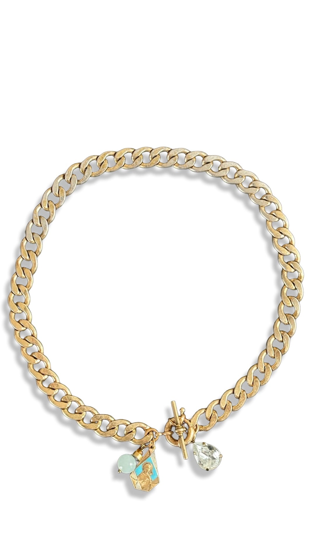 Collier maille gourmette, sainte Thérèse et goutte en strass