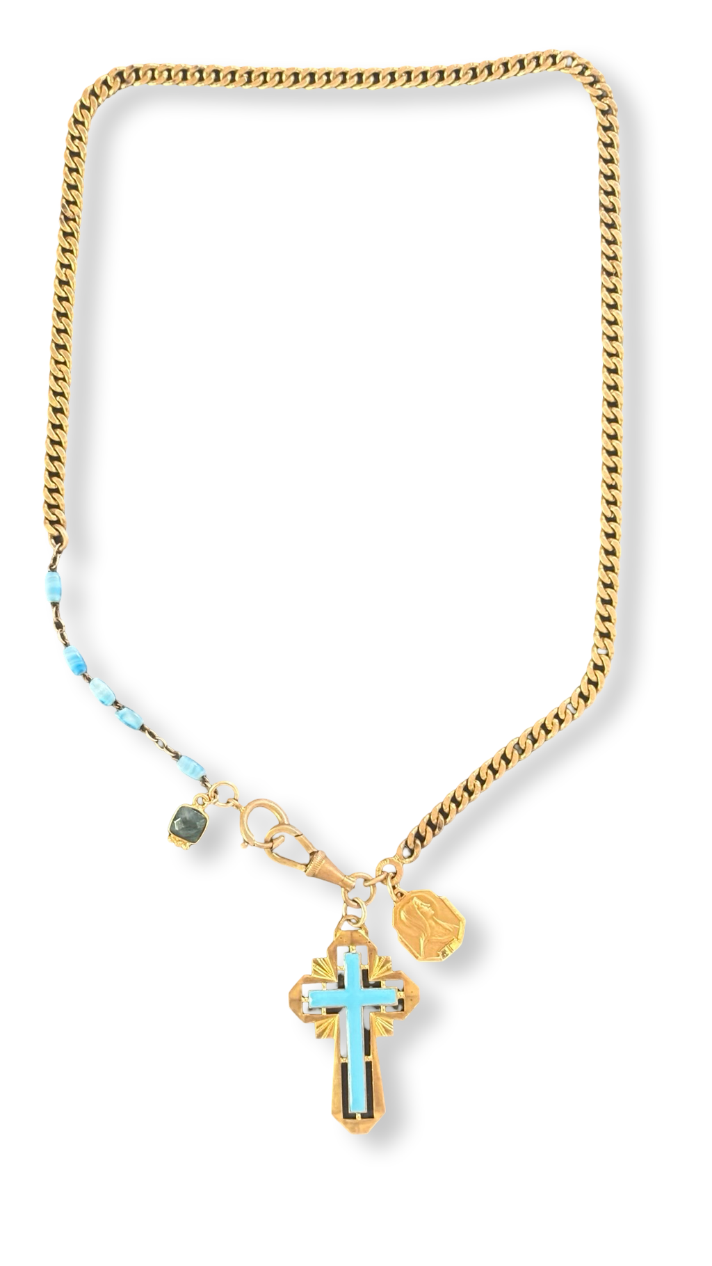Collier chaîne ancienne et croix émaillée turquoise