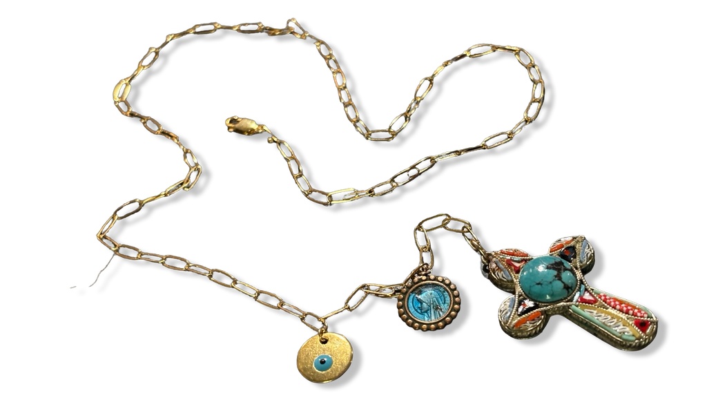 Collier lasso et croix italienne et turquoise