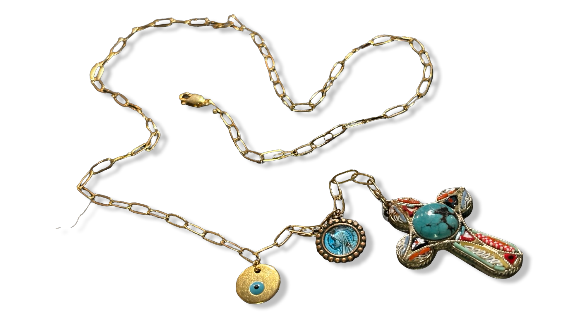 Collier lasso et croix italienne et turquoise
