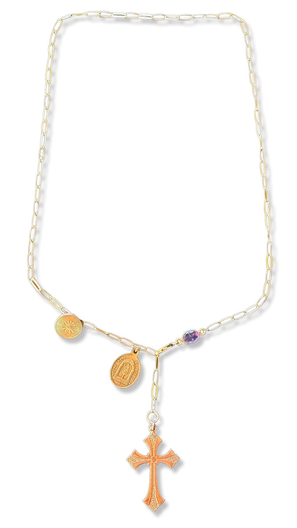 Collier lasso Croix ancienne, médailles et améthyste