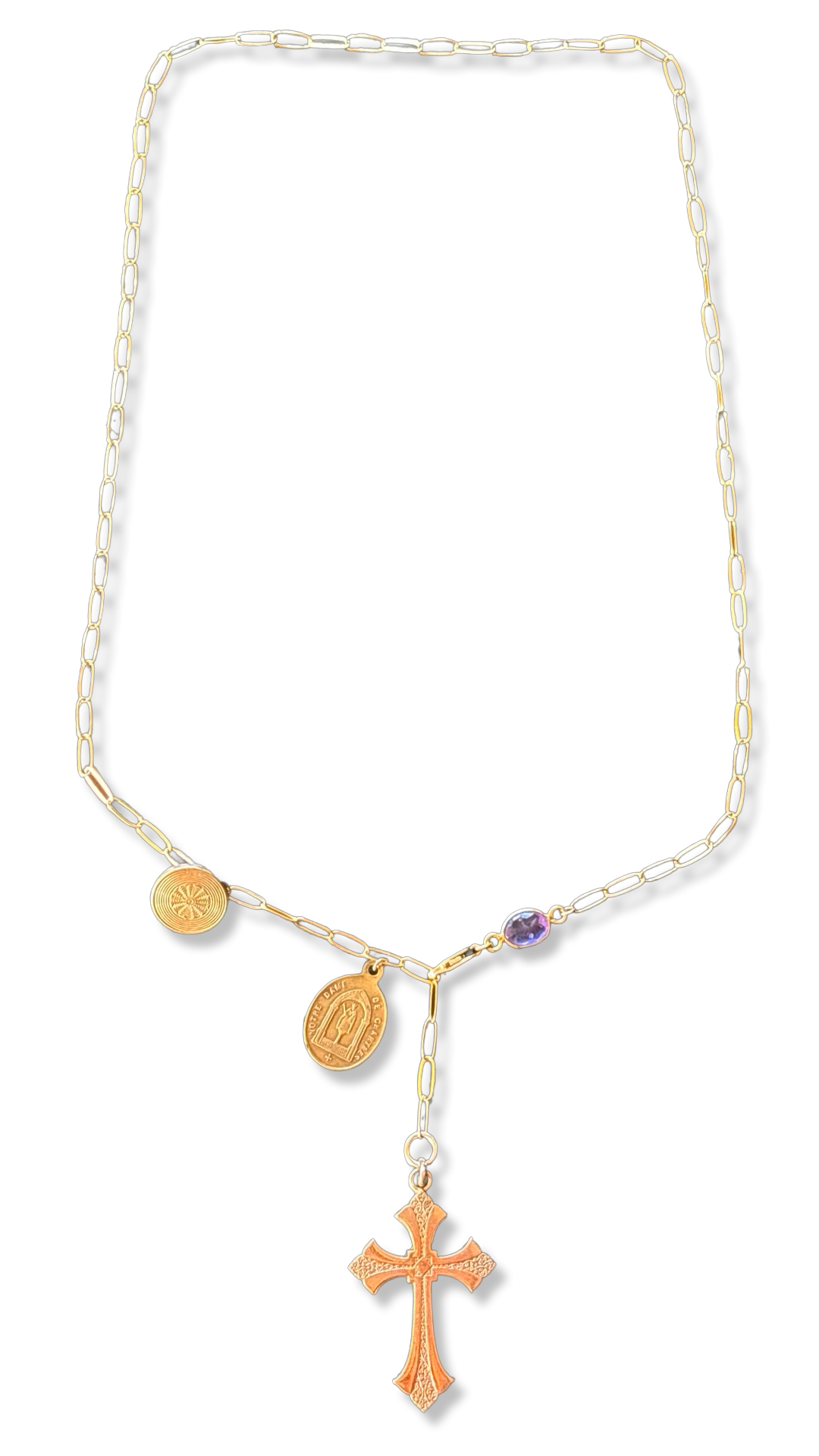 Collier lasso Croix ancienne, médailles et améthyste