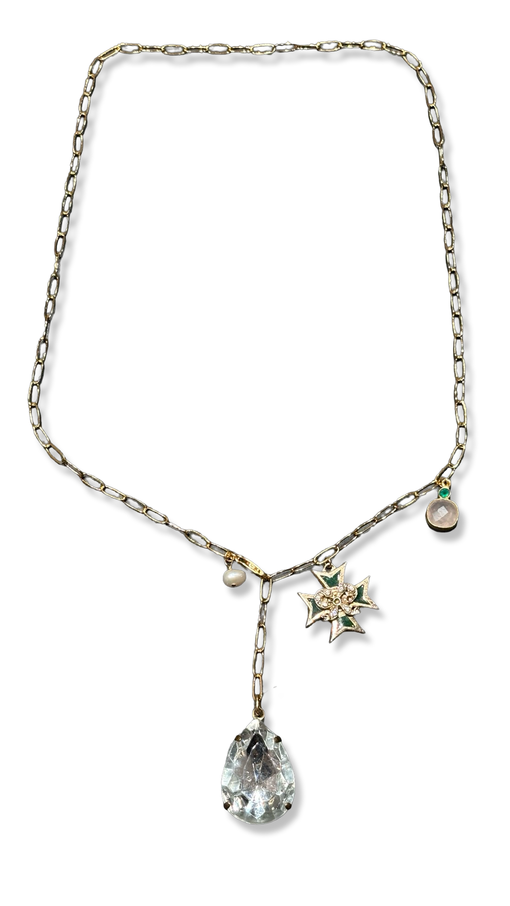 Collier lasso, large strass goutte, croix de Malte