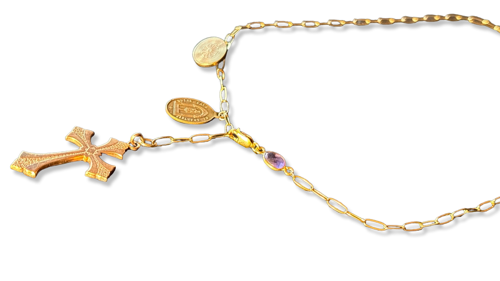 Collier lasso Croix ancienne, médailles et améthyste
