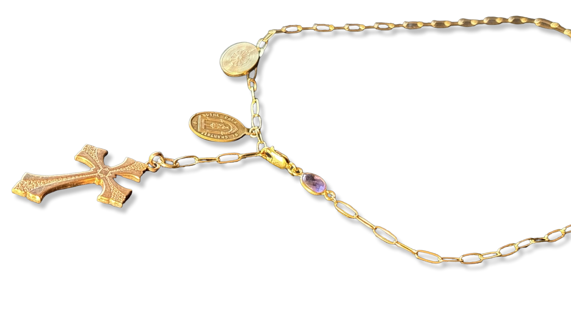 Collier lasso Croix ancienne, médailles et améthyste