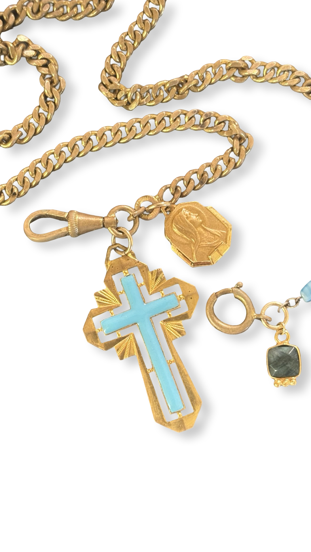 Collier chaîne ancienne et croix émaillée turquoise