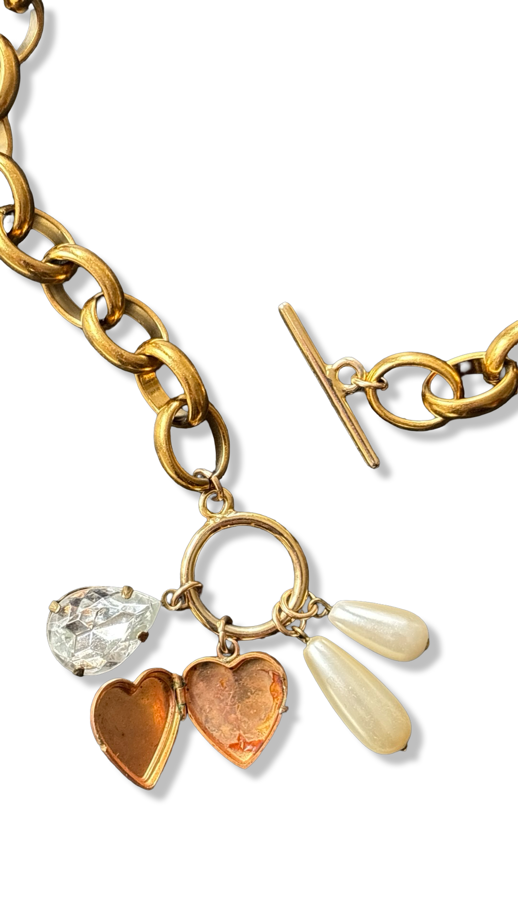 Collier grosse maille, cœur, perles et strass