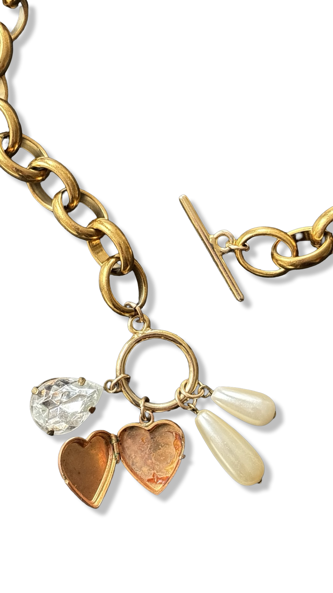 Collier grosse maille, cœur, perles et strass
