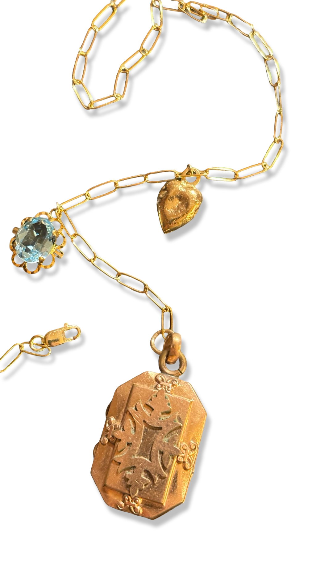 Collier lasso upcyclé, médaillon a secret, coeur et topaze