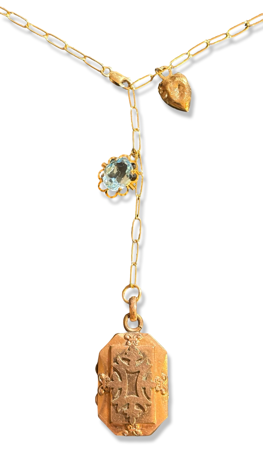 Collier lasso upcyclé, médaillon a secret, coeur et topaze