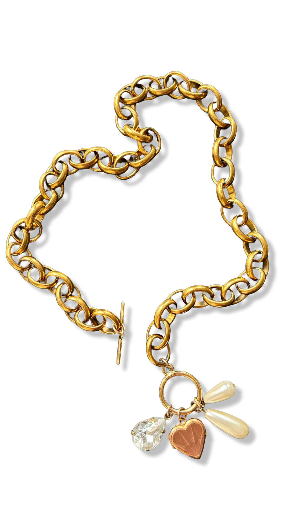 Collier grosse maille, cœur, perles et strass