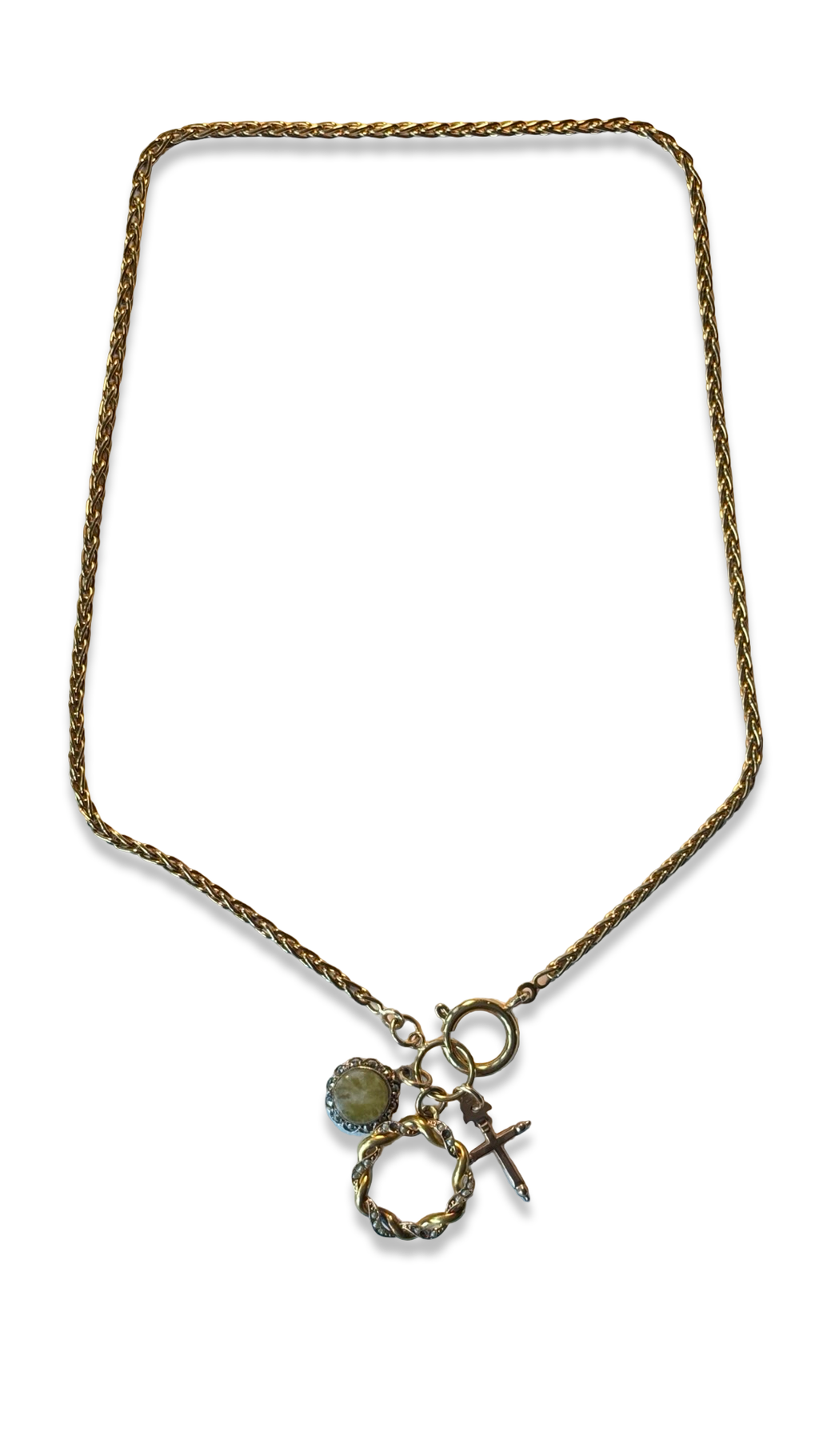 Collier torsadé, croix, couronne et calcite.
