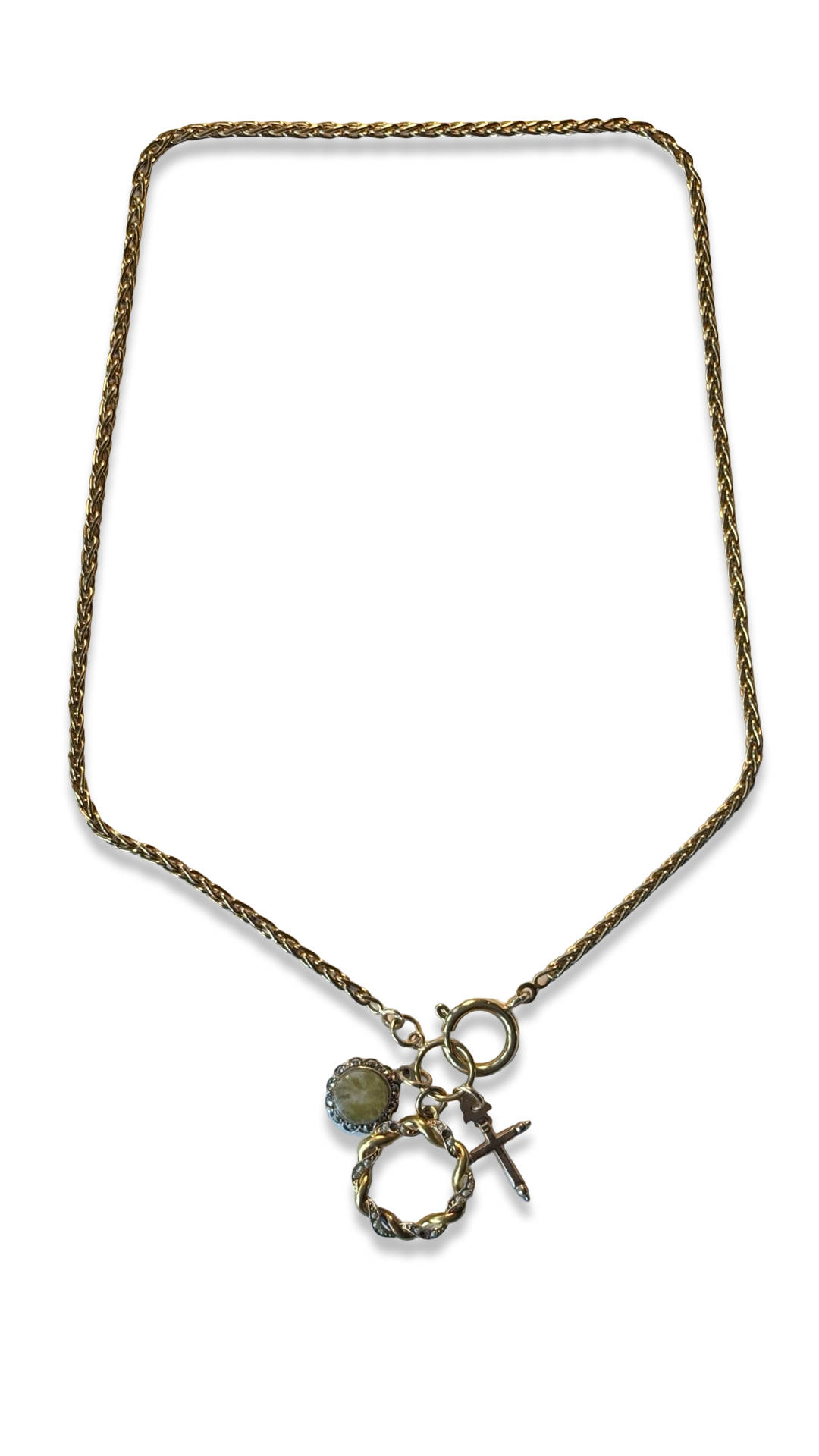 Collier torsadé, croix, couronne et calcite.