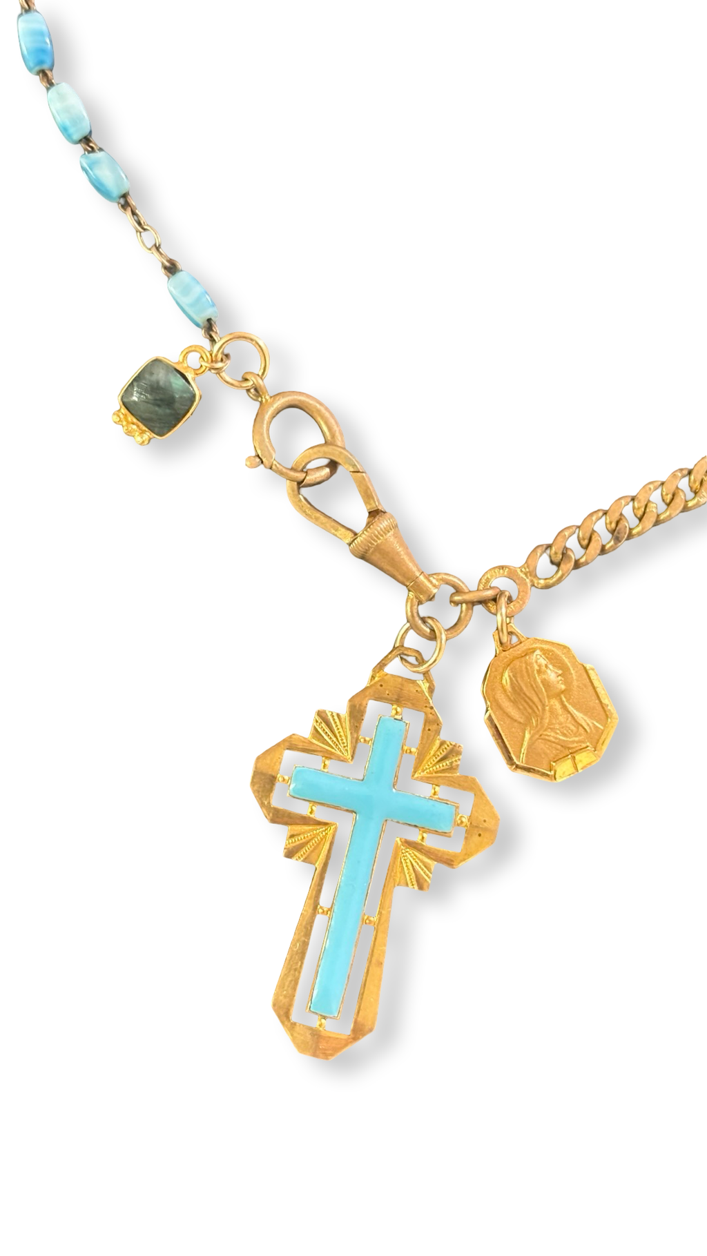 Collier chaîne ancienne et croix émaillée turquoise