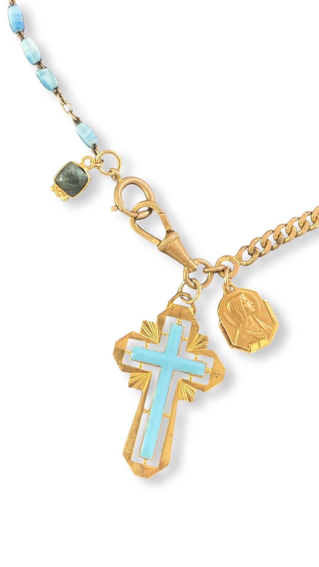 Collier chaîne ancienne et croix émaillée turquoise