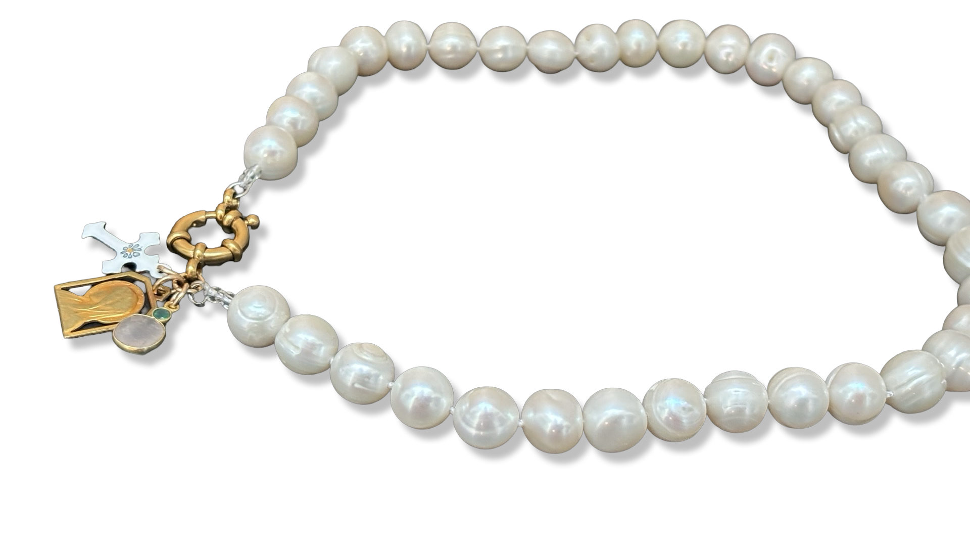 Collier de perles baroques, croix bretonne, Vierge au Voile et Quartz rose