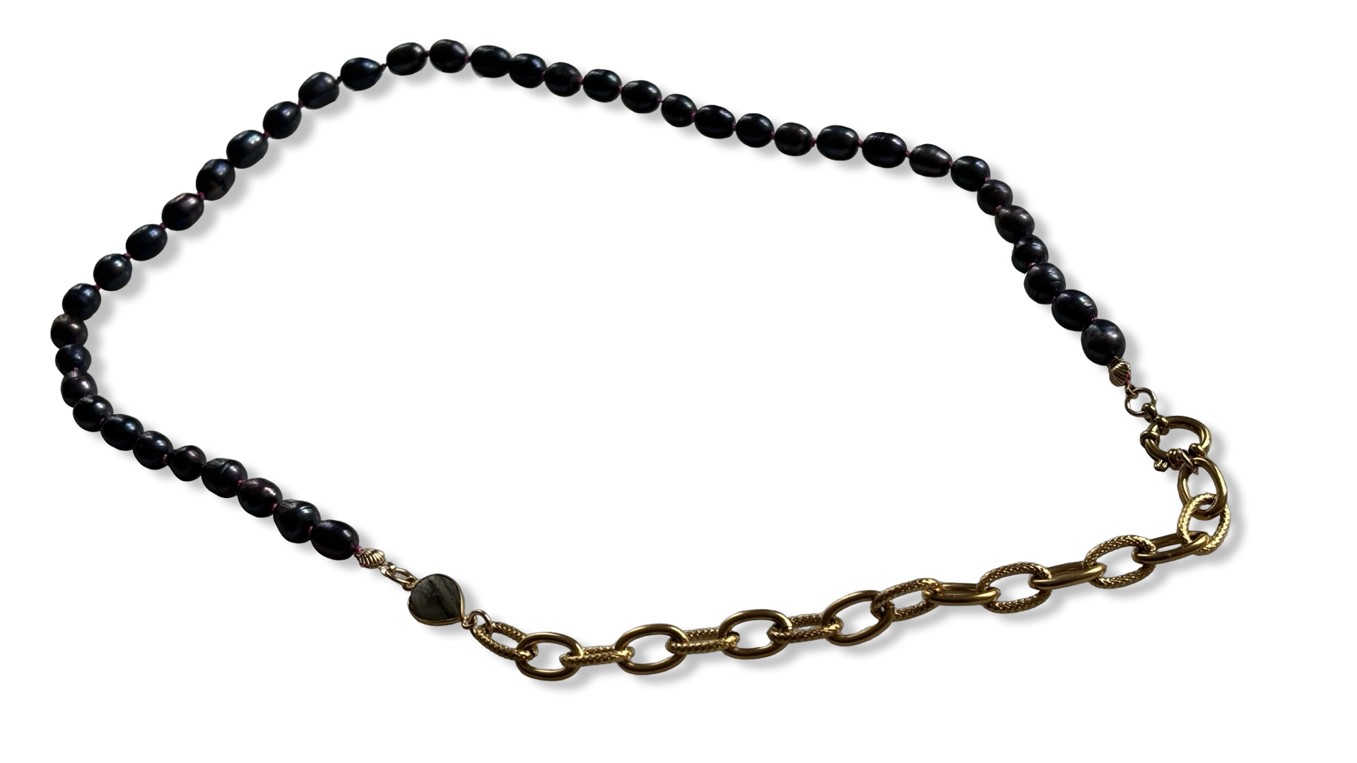 Sautoir de perles noires, labradorite et chaîne