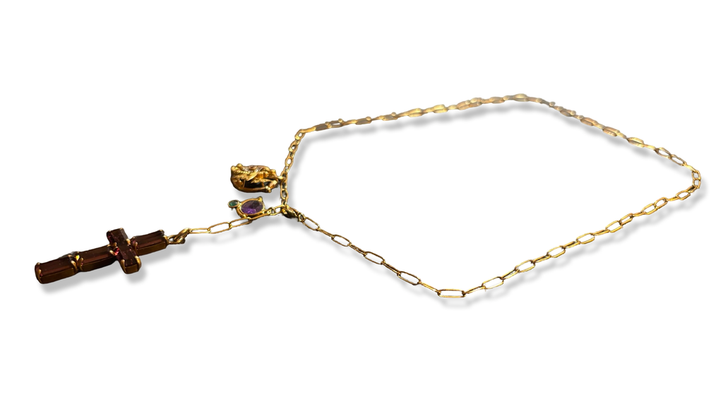 Collier lasso ,  croix en strass et papillon Art Nouveau
