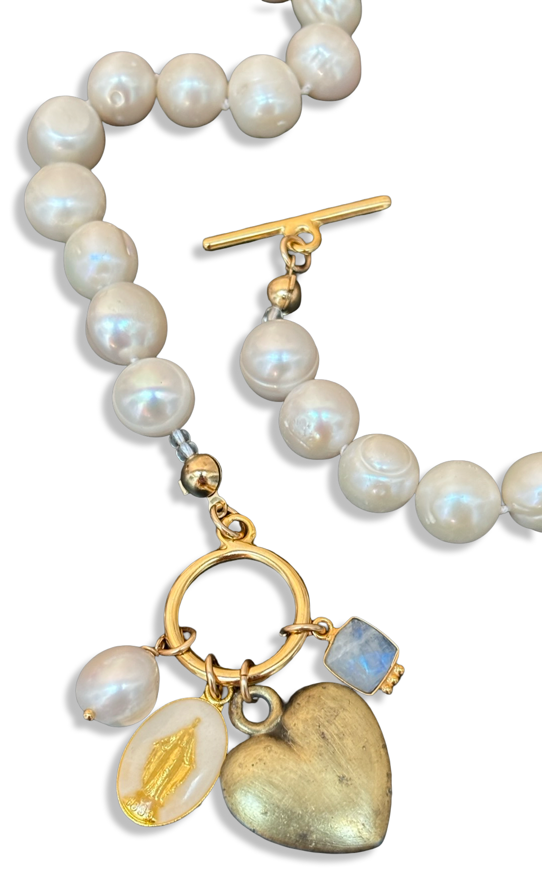Collier de perles baroques, cœur 80s, Médaille Miraculeuse et Pierre de Lune
