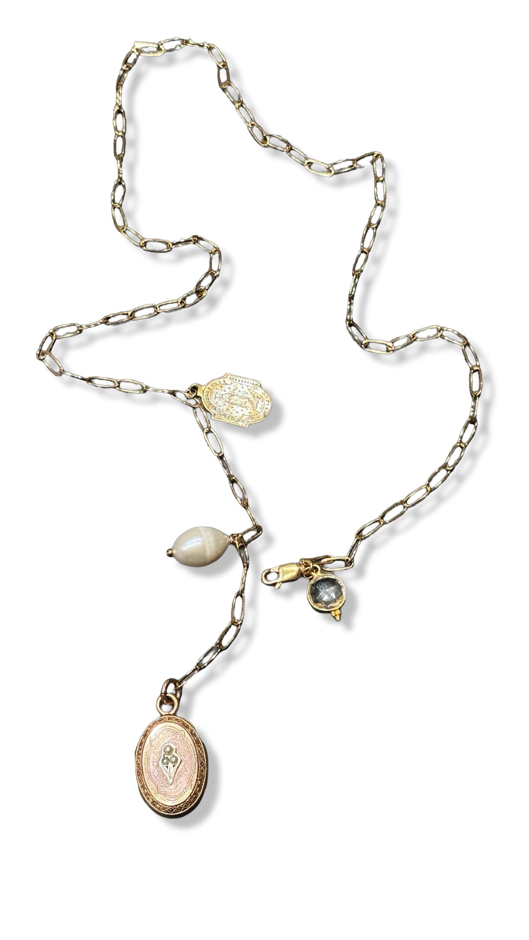 Collier lasso, médaillon à secret et perle