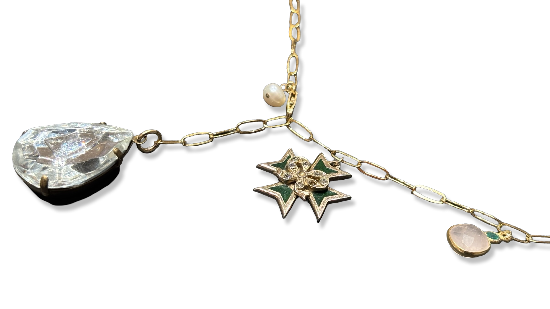 Collier lasso, large strass goutte, croix de Malte