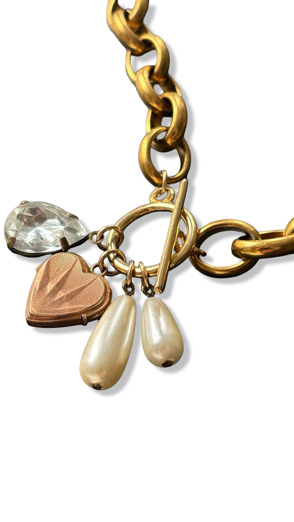 Collier grosse maille, cœur, perles et strass