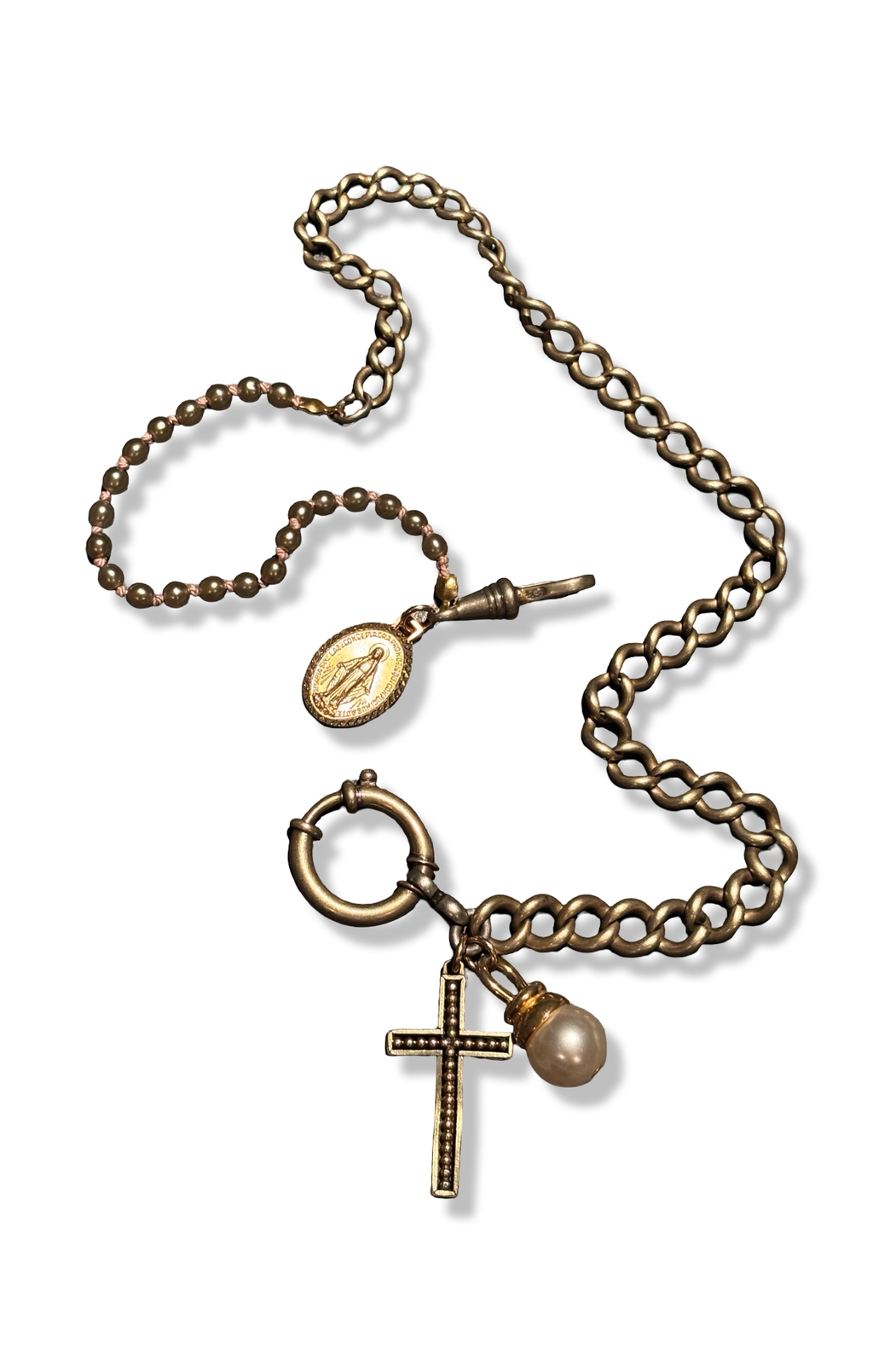 Collier chaine de montre et perles fantaisie, croix perlée
