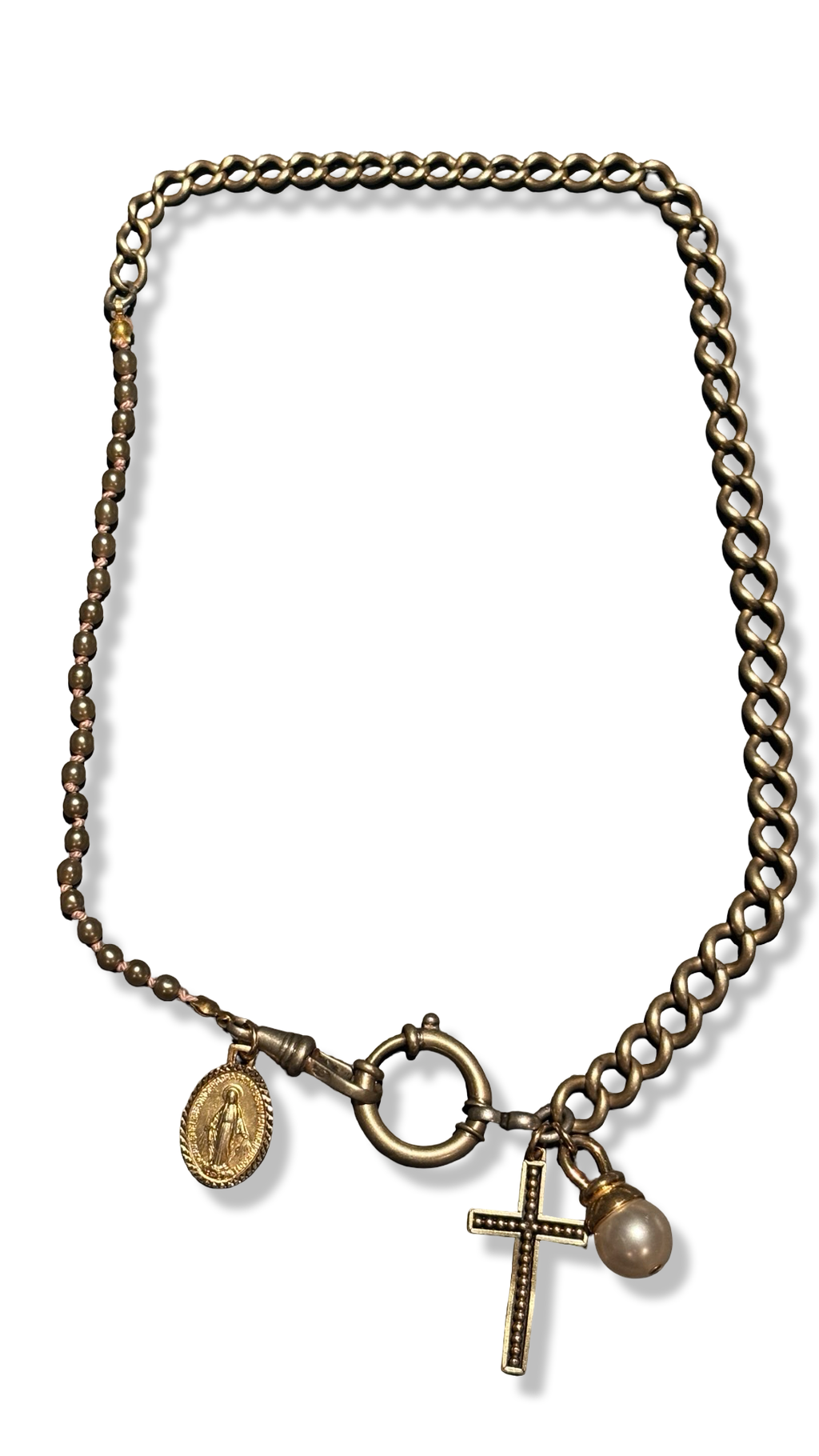 Collier chaine de montre et perles fantaisie, croix perlée
