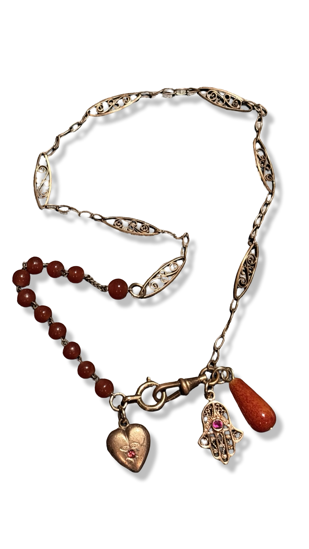 Collier chaine filigrane, chapelet , coeur et Khamsa