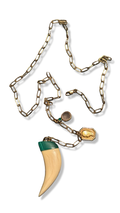 Collier lasso, corne en os et Malachite, Vierge au voile et Quartz rose