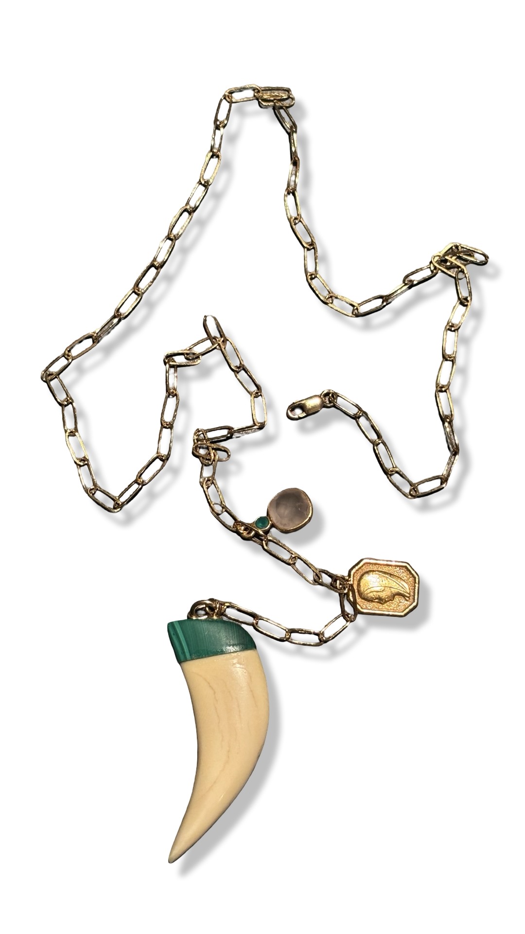 Collier lasso, corne en os et Malachite, Vierge au voile et Quartz rose