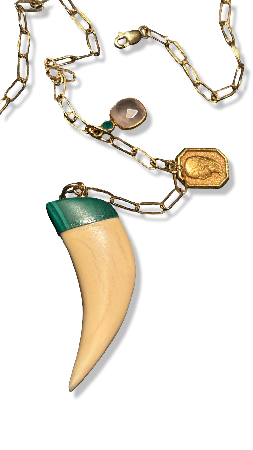 Collier lasso, corne en os et Malachite, Vierge au voile et Quartz rose