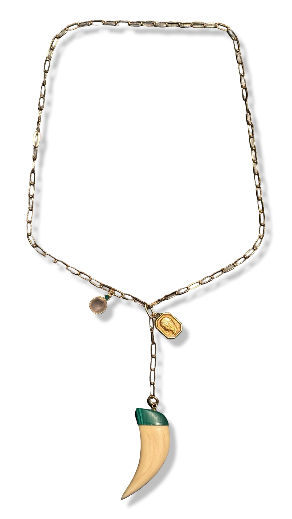 Collier lasso, corne en os et Malachite, Vierge au voile et Quartz rose