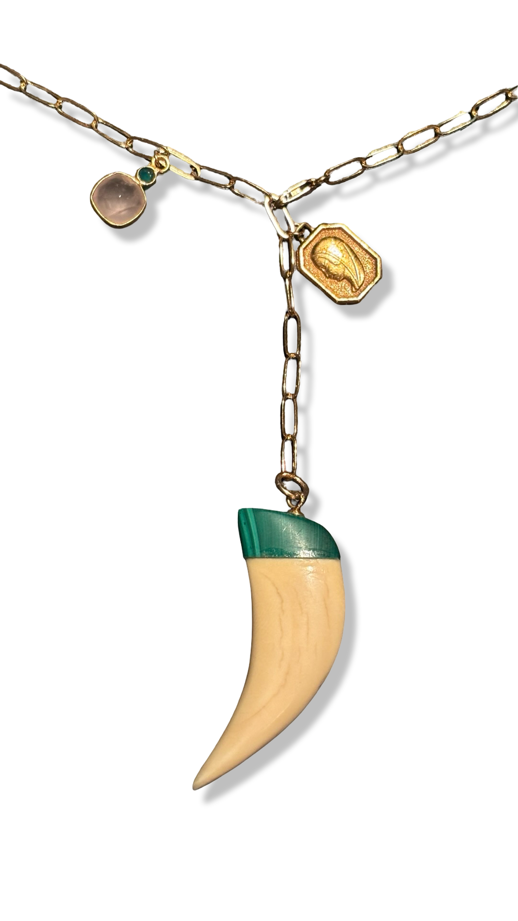 Collier lasso, corne en os et Malachite, Vierge au voile et Quartz rose