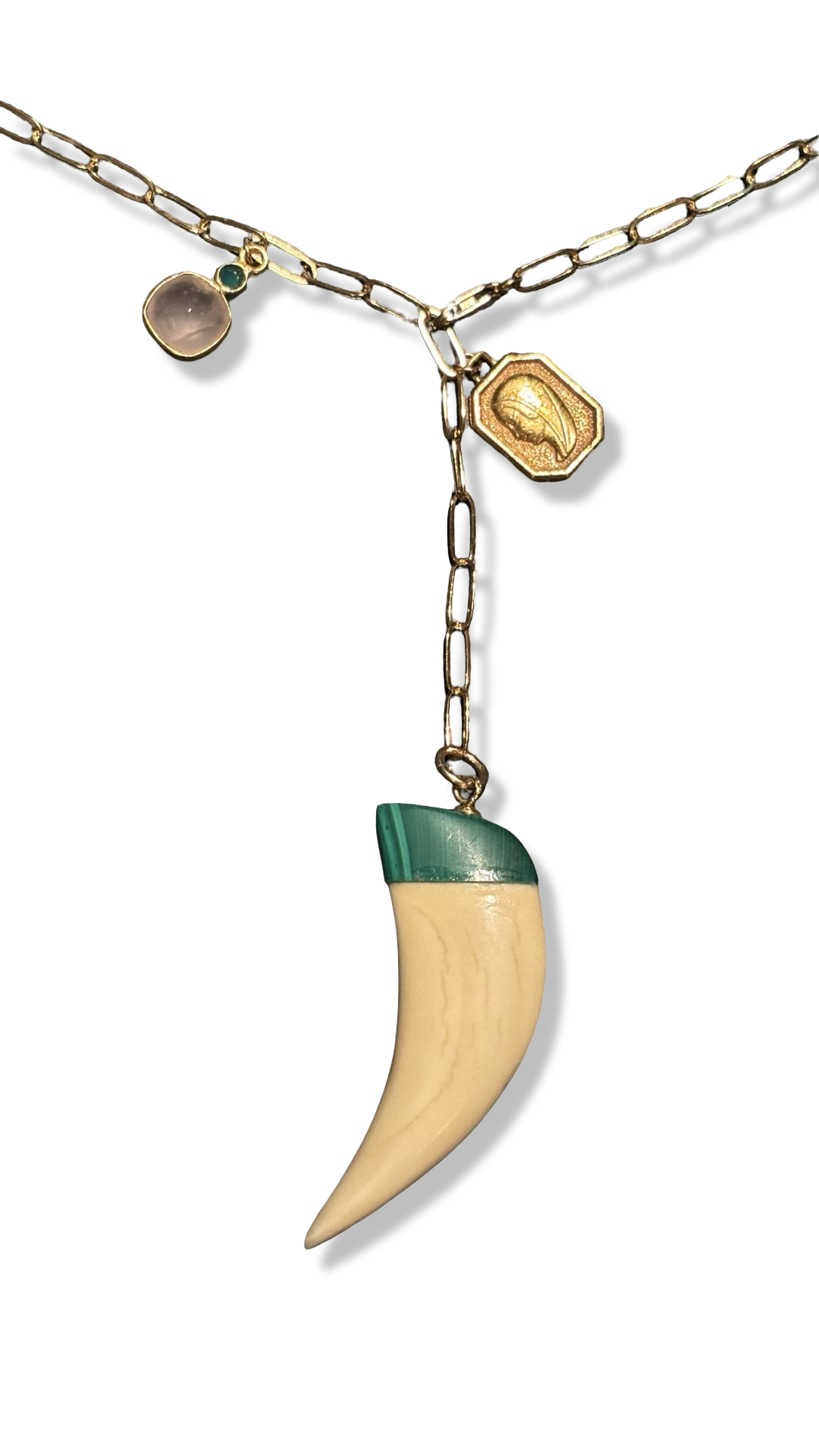 Collier lasso, corne en os et Malachite, Vierge au voile et Quartz rose