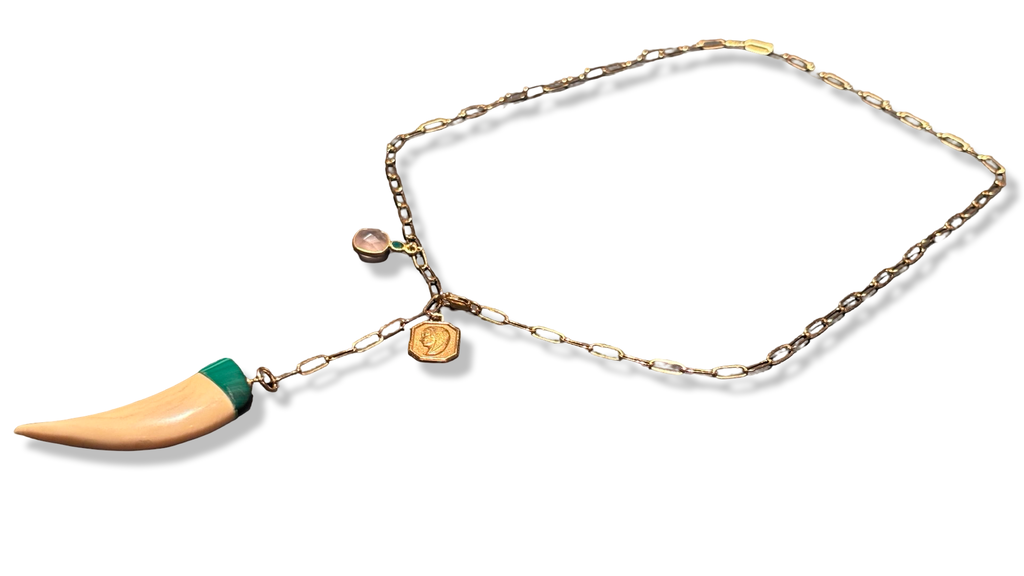 Collier lasso, corne en os et Malachite, Vierge au voile et Quartz rose